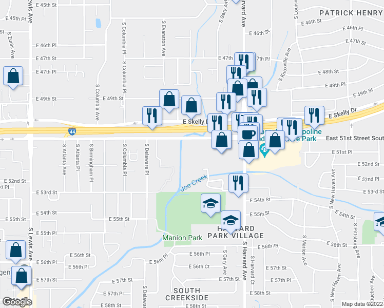 map of restaurants, bars, coffee shops, grocery stores, and more near 3110 East 51st Street in Tulsa