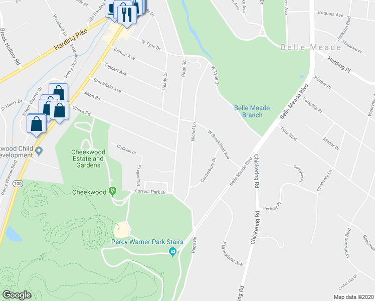 map of restaurants, bars, coffee shops, grocery stores, and more near 1213 Nichol Lane in Nashville