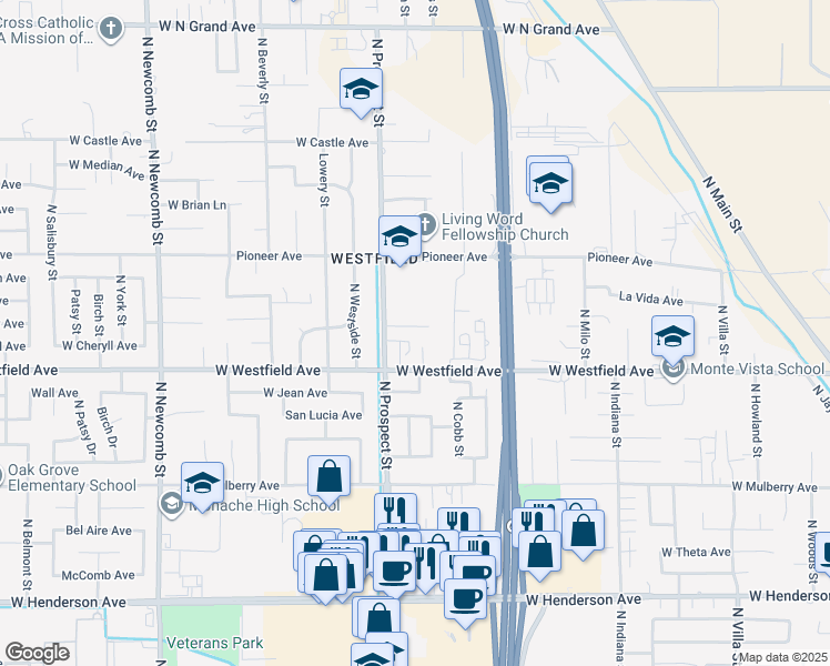 map of restaurants, bars, coffee shops, grocery stores, and more near 1149 West Glenn Court in Porterville