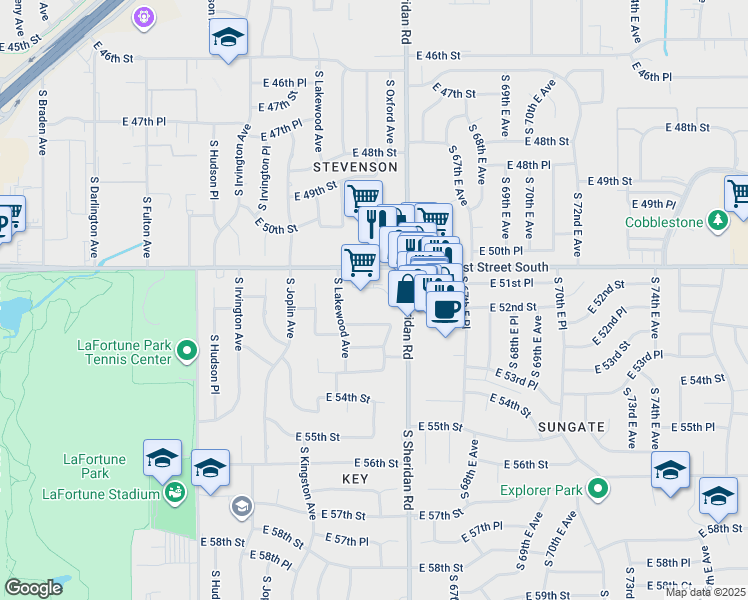 map of restaurants, bars, coffee shops, grocery stores, and more near 6124 East 51st Place in Tulsa