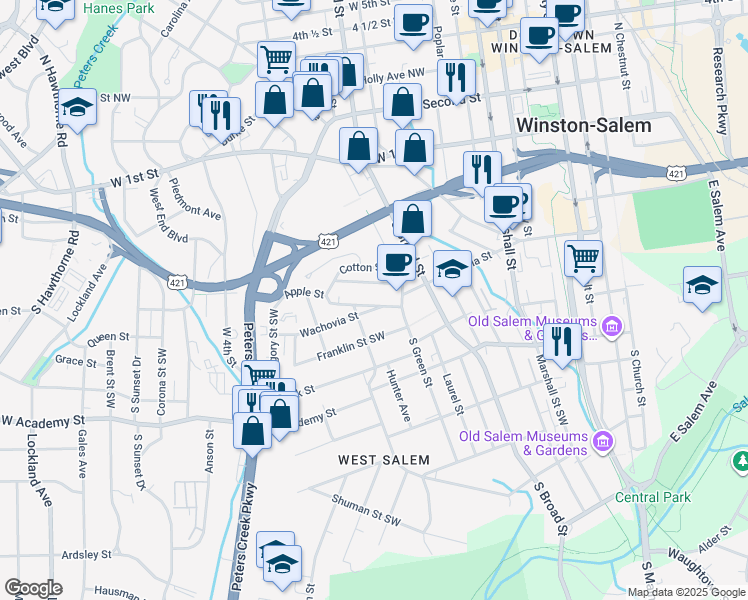map of restaurants, bars, coffee shops, grocery stores, and more near 940 Apple Street Southwest in Winston-Salem