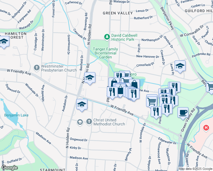 map of restaurants, bars, coffee shops, grocery stores, and more near 3200 Hobbs Landing Court in Greensboro