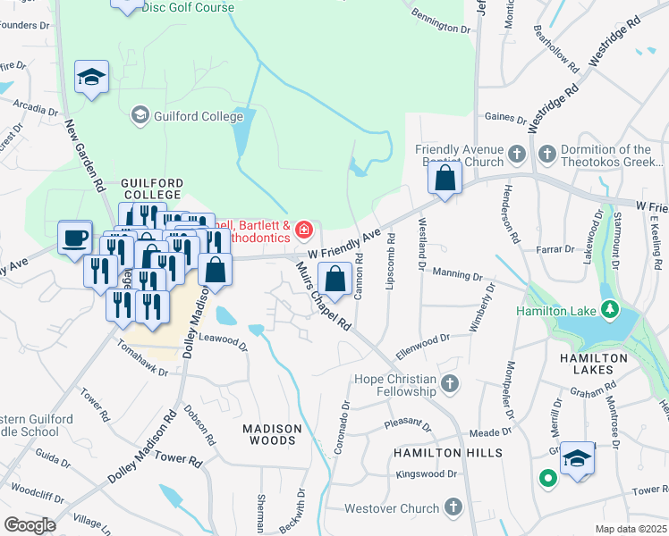 map of restaurants, bars, coffee shops, grocery stores, and more near 5307 West Friendly Avenue in Greensboro