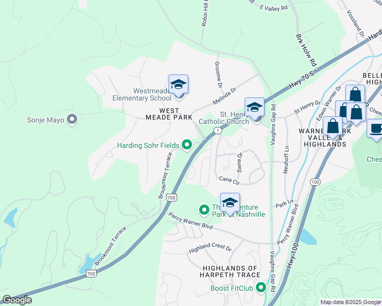 map of restaurants, bars, coffee shops, grocery stores, and more near 6506 Highway 70 South in Nashville