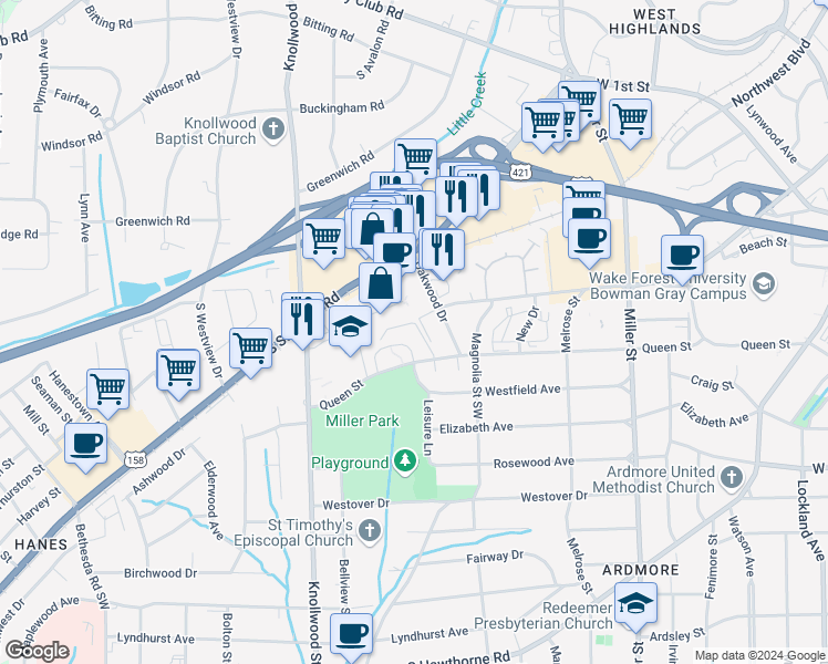 map of restaurants, bars, coffee shops, grocery stores, and more near 2513 Miller Park Circle in Winston-Salem