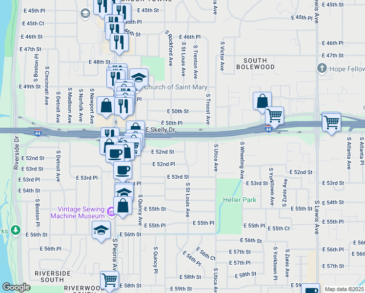 map of restaurants, bars, coffee shops, grocery stores, and more near 5126 South Saint Louis Avenue in Tulsa