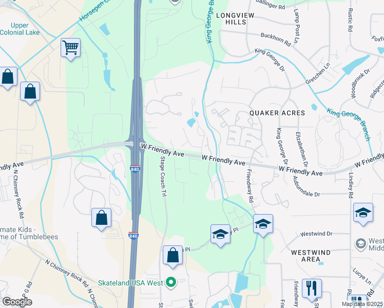 map of restaurants, bars, coffee shops, grocery stores, and more near 6717 West Friendly Avenue in Greensboro