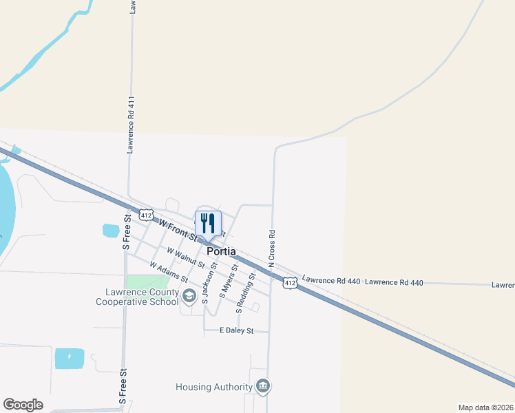 map of restaurants, bars, coffee shops, grocery stores, and more near 206 North Lawrence Street in Walnut Ridge
