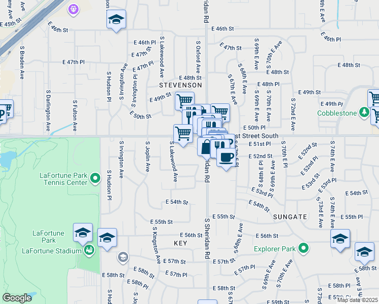 map of restaurants, bars, coffee shops, grocery stores, and more near 6124 East 51st Place in Tulsa
