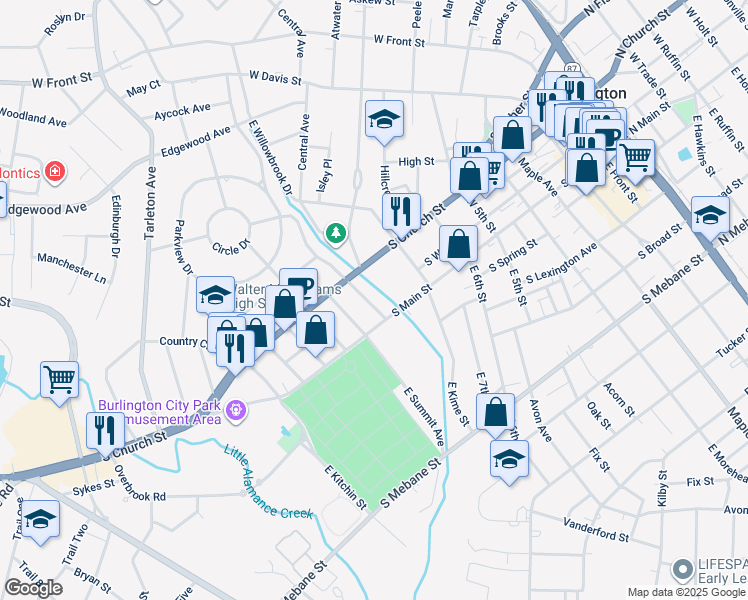 map of restaurants, bars, coffee shops, grocery stores, and more near 115 Carolina Avenue in Burlington