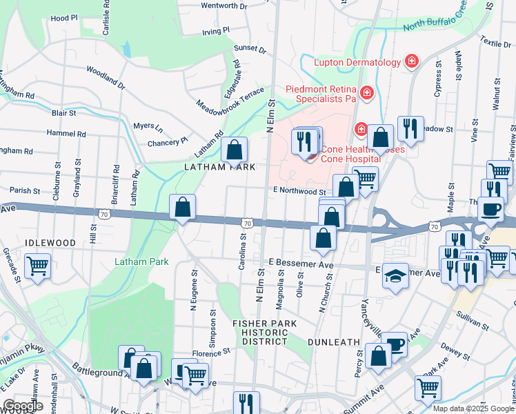map of restaurants, bars, coffee shops, grocery stores, and more near 1101 North Elm Street in Greensboro