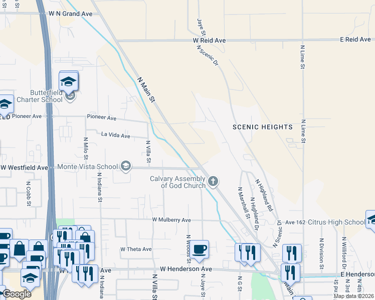 map of restaurants, bars, coffee shops, grocery stores, and more near 1296 North Main Street in Porterville
