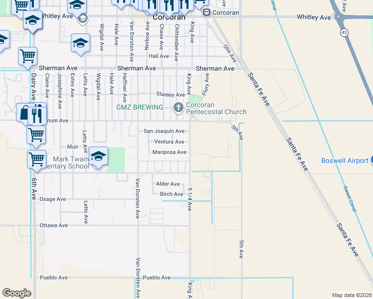 map of restaurants, bars, coffee shops, grocery stores, and more near 925 Mariposa Ave in Corcoran