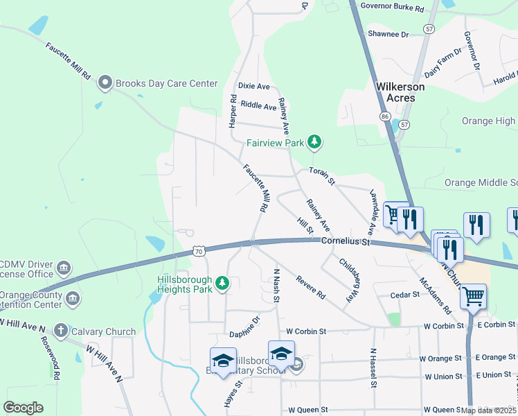 map of restaurants, bars, coffee shops, grocery stores, and more near 144 Faucette Mill Road in Hillsborough