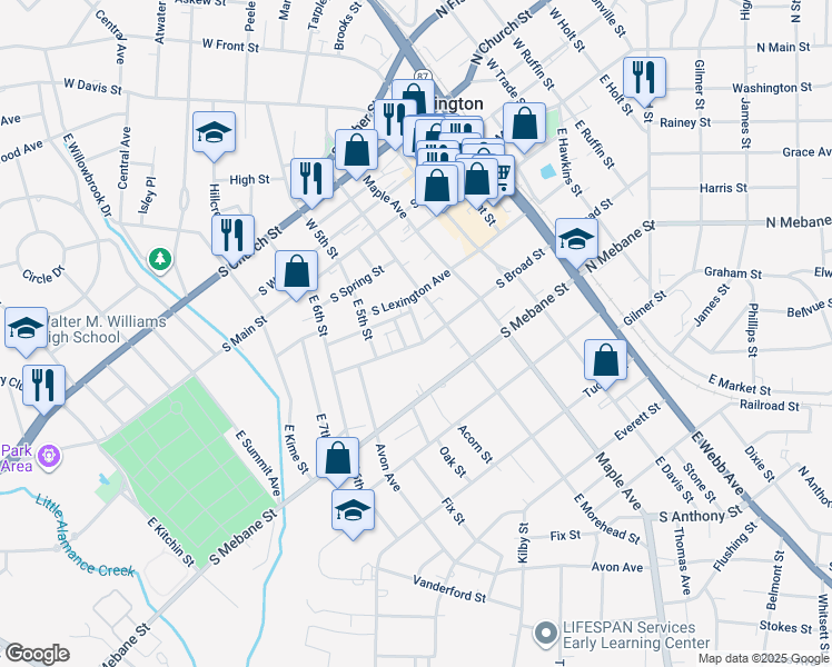 map of restaurants, bars, coffee shops, grocery stores, and more near 711 South Broad Street in Burlington