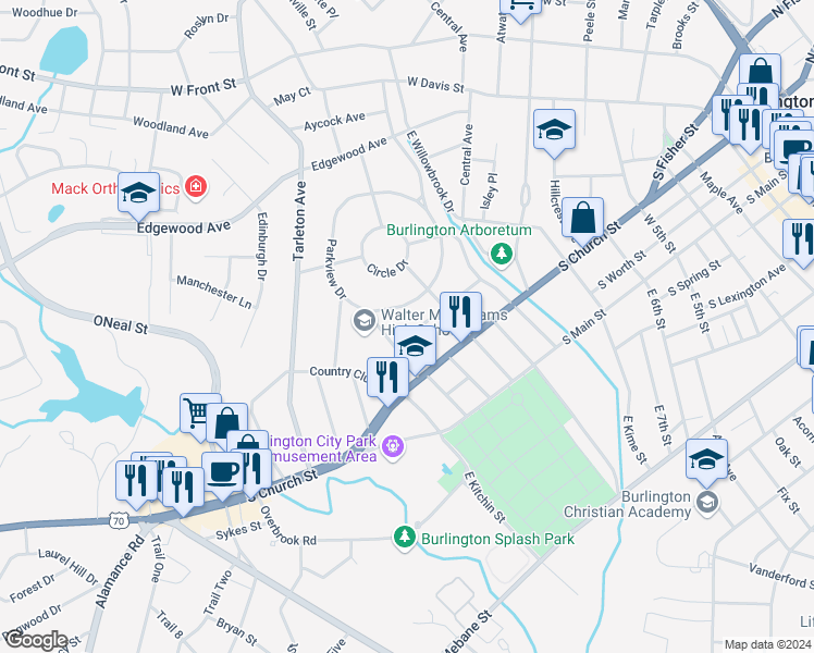 map of restaurants, bars, coffee shops, grocery stores, and more near 1227 Franklin Street in Burlington