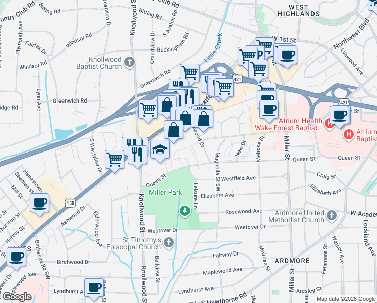 map of restaurants, bars, coffee shops, grocery stores, and more near 236 Oakwood Court in Winston-Salem