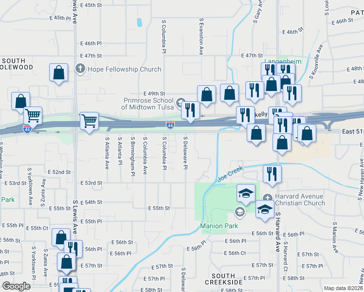 map of restaurants, bars, coffee shops, grocery stores, and more near 5130 South Delaware Avenue in Tulsa
