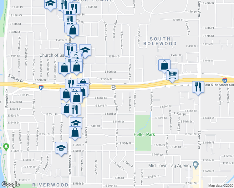 map of restaurants, bars, coffee shops, grocery stores, and more near 5132 South Saint Louis Avenue in Tulsa