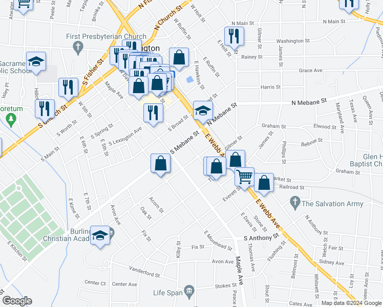 map of restaurants, bars, coffee shops, grocery stores, and more near 515 East Davis Street in Burlington