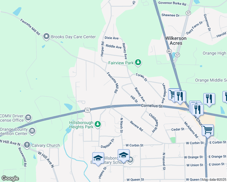 map of restaurants, bars, coffee shops, grocery stores, and more near 144 Faucette Mill Road in Hillsborough