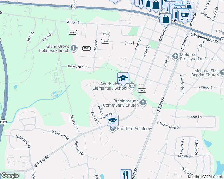 map of restaurants, bars, coffee shops, grocery stores, and more near 245 Fair Oaks Court in Mebane