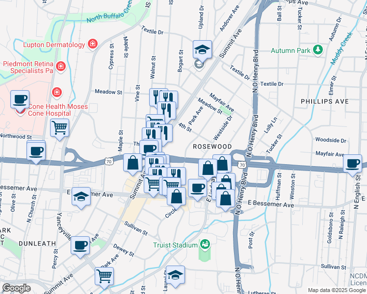 map of restaurants, bars, coffee shops, grocery stores, and more near 1104 Homeland Avenue in Greensboro