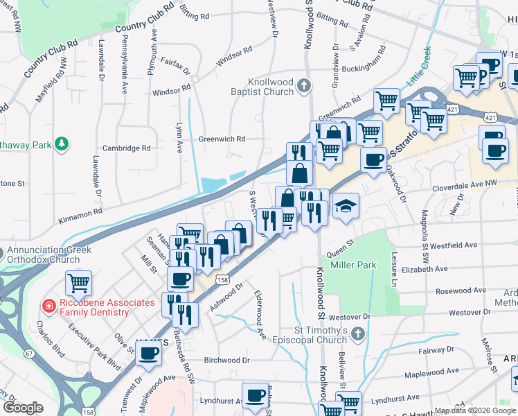 map of restaurants, bars, coffee shops, grocery stores, and more near 533 South Westview Drive in Winston-Salem