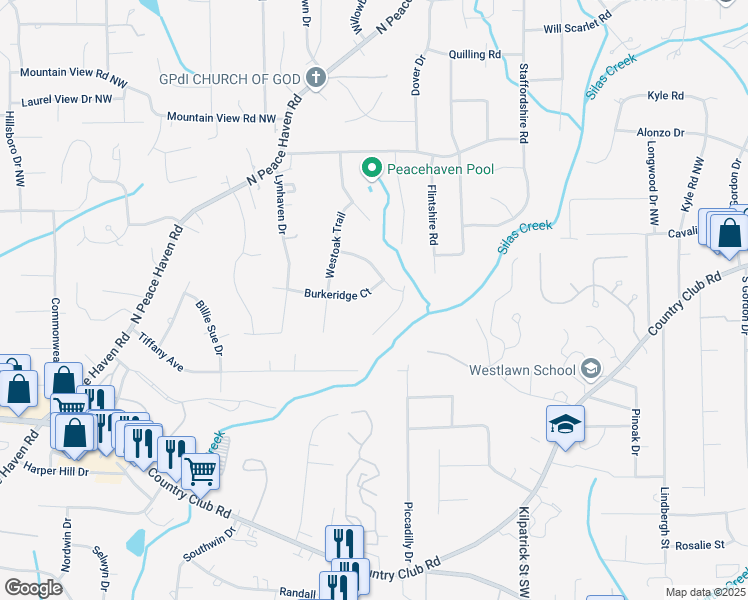 map of restaurants, bars, coffee shops, grocery stores, and more near 420 Burkeridge Court in Winston-Salem