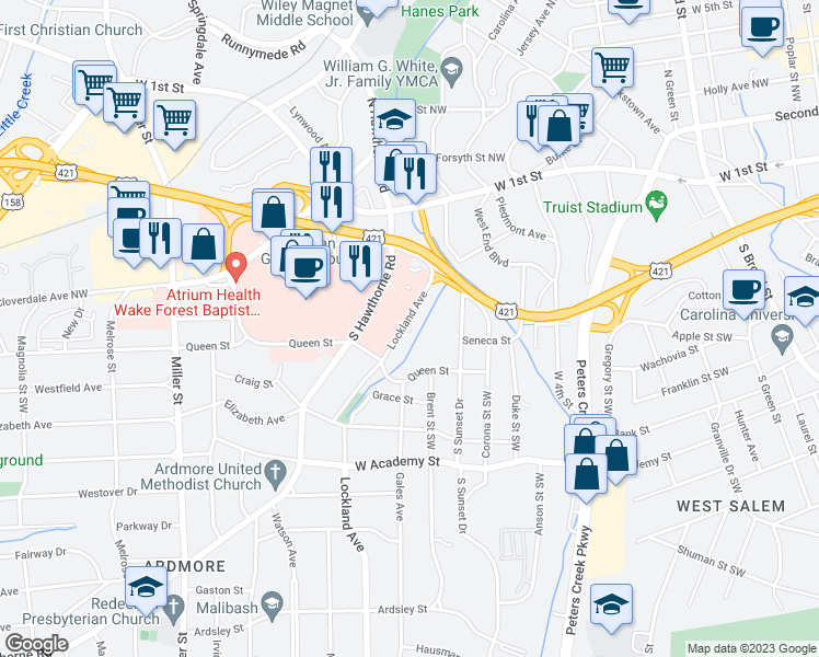 map of restaurants, bars, coffee shops, grocery stores, and more near 309 Lockland Avenue in Winston-Salem