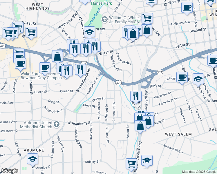 map of restaurants, bars, coffee shops, grocery stores, and more near 261 South Sunset Drive in Winston-Salem