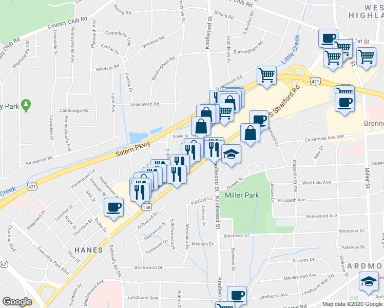 map of restaurants, bars, coffee shops, grocery stores, and more near 2606 Philip Street in Winston-Salem