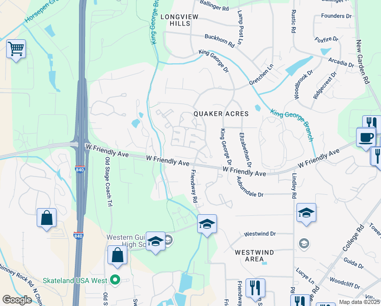 map of restaurants, bars, coffee shops, grocery stores, and more near 6616 Portrait Drive in Greensboro