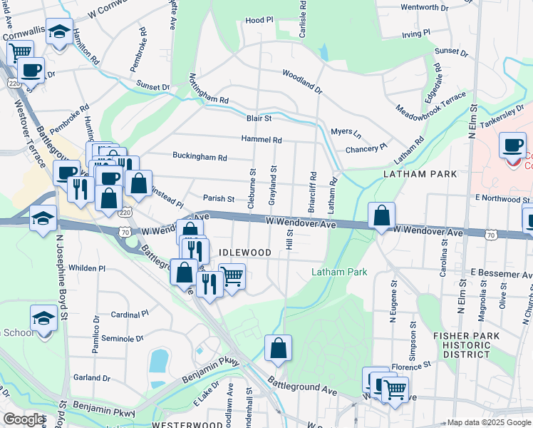 map of restaurants, bars, coffee shops, grocery stores, and more near 1103 Grayland Street in Greensboro