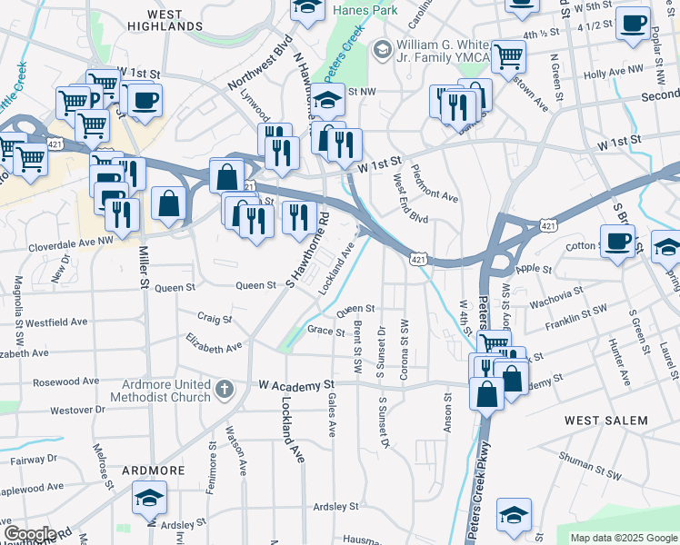 map of restaurants, bars, coffee shops, grocery stores, and more near 309 Lockland Avenue in Winston-Salem