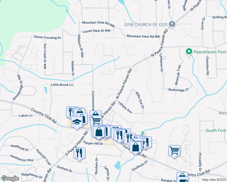 map of restaurants, bars, coffee shops, grocery stores, and more near 5010 Whitewood Lane in Winston-Salem