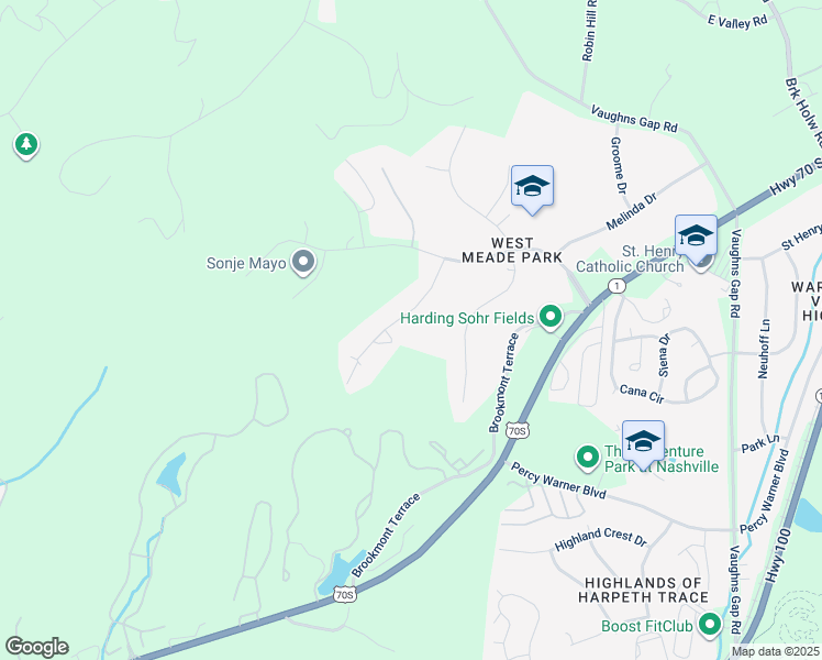 map of restaurants, bars, coffee shops, grocery stores, and more near 6613 Ellesmere Road in Nashville