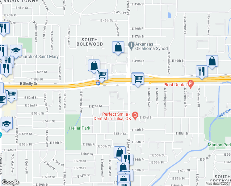 map of restaurants, bars, coffee shops, grocery stores, and more near 5224 South Lewis Avenue in Tulsa
