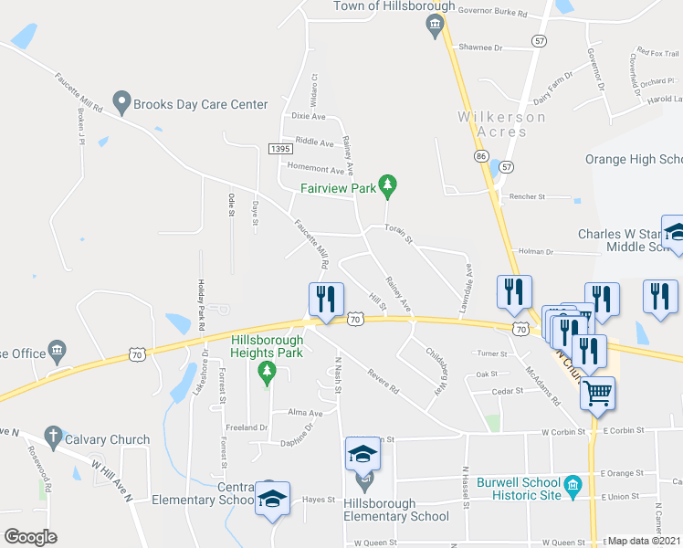 map of restaurants, bars, coffee shops, grocery stores, and more near 206 Hill Street in Hillsborough