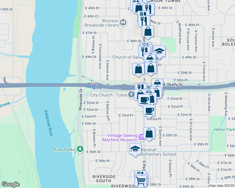 map of restaurants, bars, coffee shops, grocery stores, and more near 5101 South Madison Avenue in Tulsa