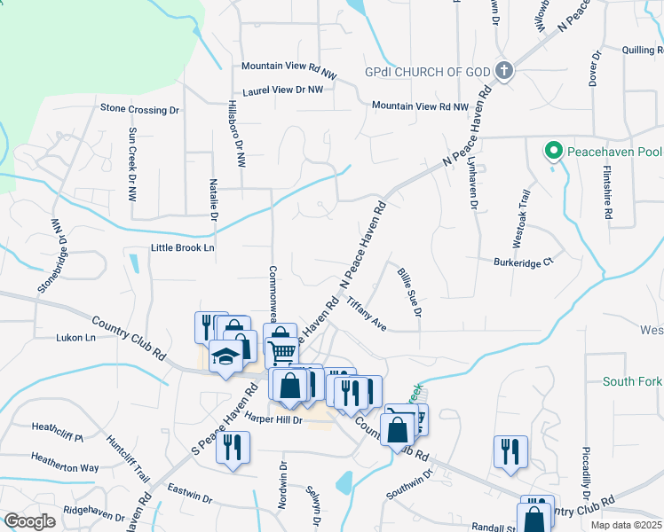 map of restaurants, bars, coffee shops, grocery stores, and more near 5010 Whitewood Lane in Winston-Salem