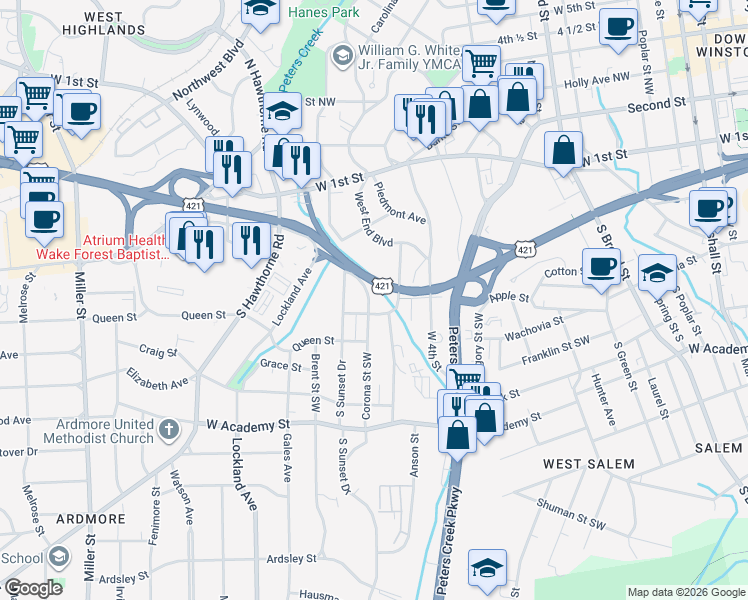 map of restaurants, bars, coffee shops, grocery stores, and more near 235 Corona Street Southwest in Winston-Salem