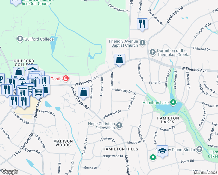 map of restaurants, bars, coffee shops, grocery stores, and more near 719 Westland Drive in Greensboro