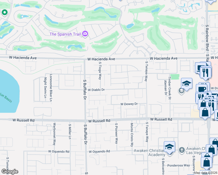 map of restaurants, bars, coffee shops, grocery stores, and more near 7599 West Diablo Drive in Las Vegas