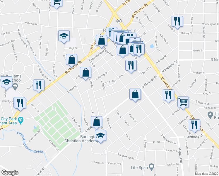 map of restaurants, bars, coffee shops, grocery stores, and more near 317 West 5th Street in Burlington