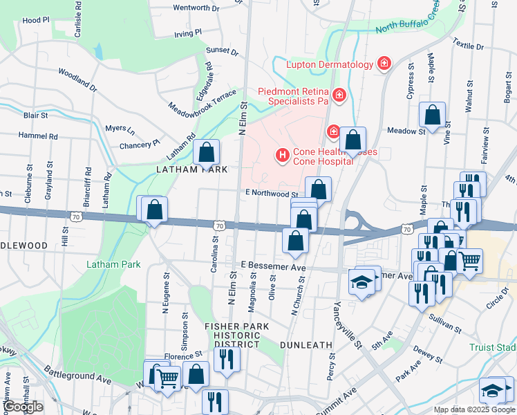 map of restaurants, bars, coffee shops, grocery stores, and more near 1209 Magnolia Street in Greensboro