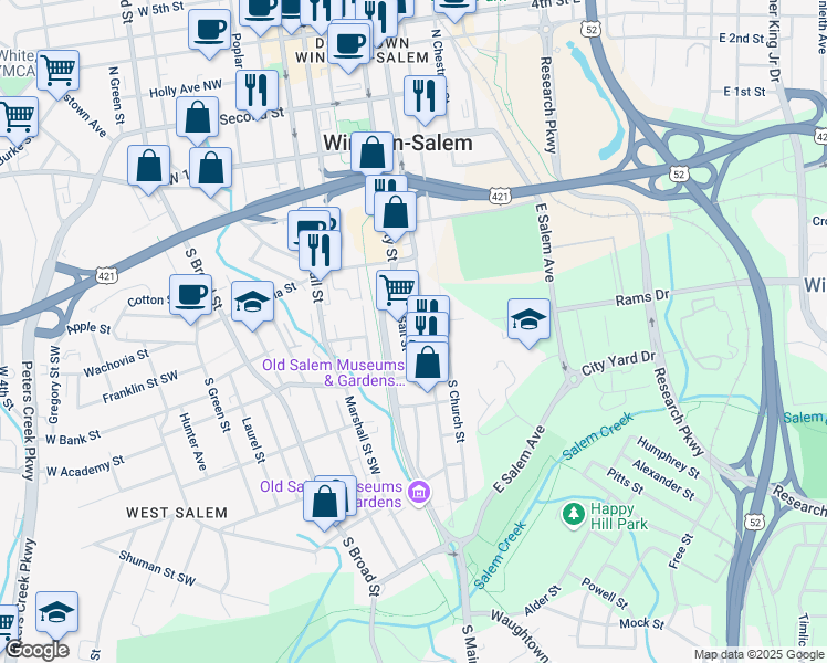 map of restaurants, bars, coffee shops, grocery stores, and more near 498 Salt Street in Winston-Salem