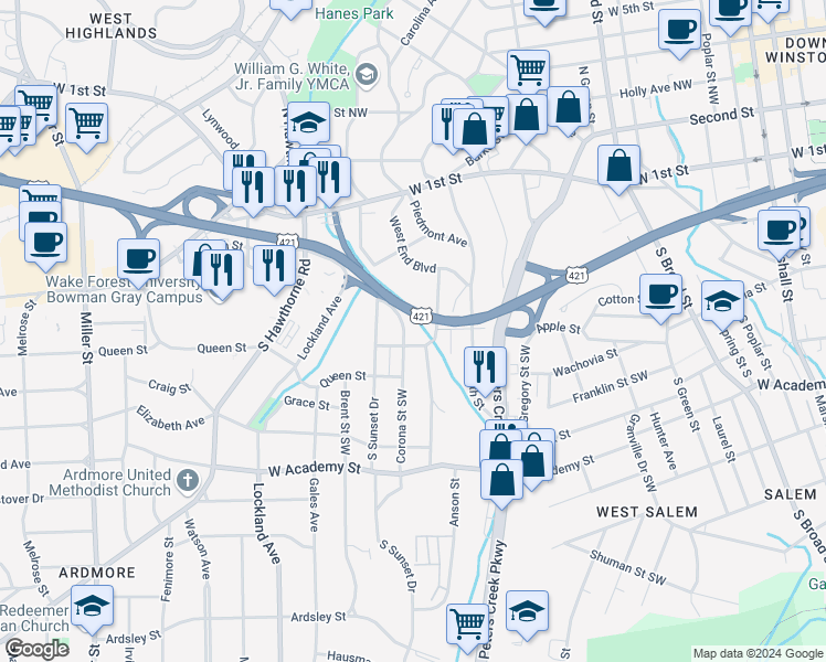 map of restaurants, bars, coffee shops, grocery stores, and more near 301 Crafton Street in Winston-Salem