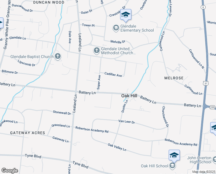 map of restaurants, bars, coffee shops, grocery stores, and more near 908 Battery Lane in Oak Hill
