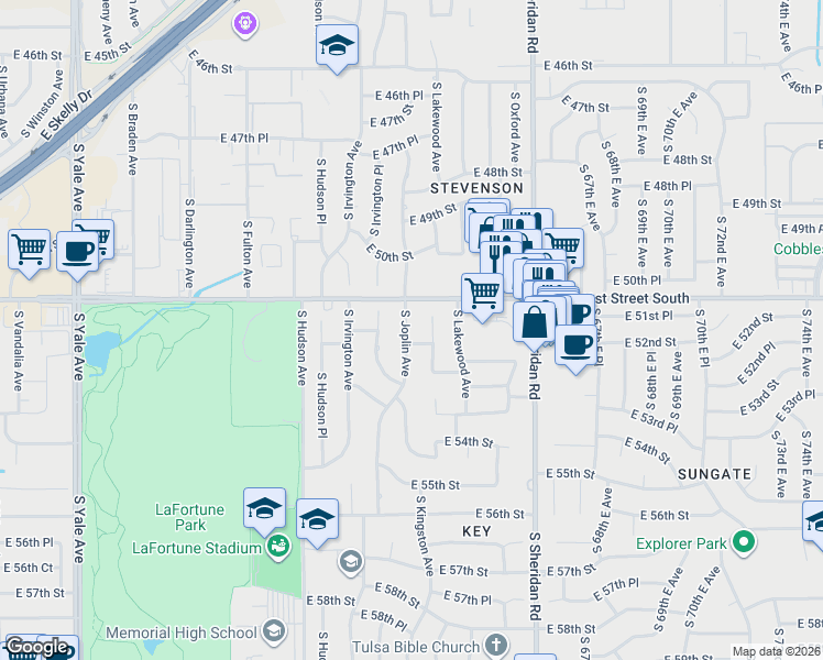 map of restaurants, bars, coffee shops, grocery stores, and more near 5919 East 52nd Street in Tulsa